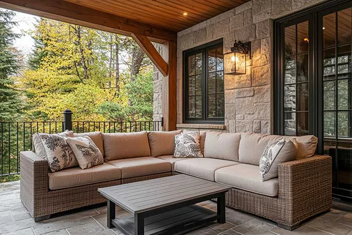 L-shaped cushioned outdoor sectional with a low coffee table on a covered terrace