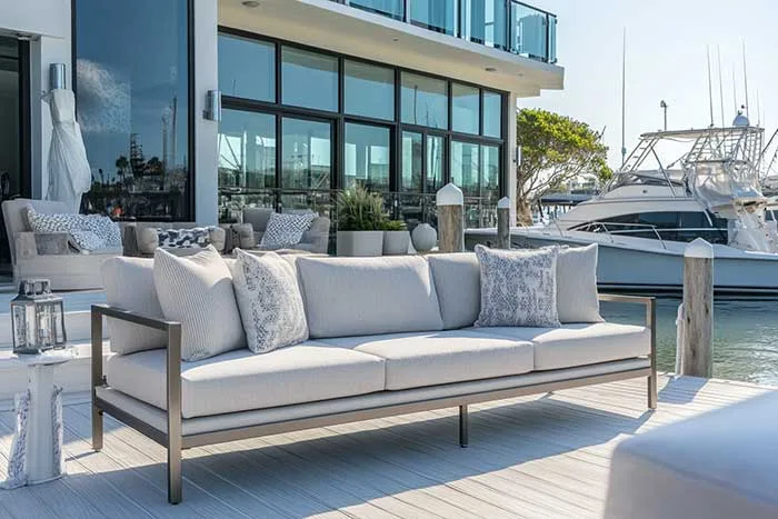Cushioned outdoor sofa with an exposed pale frame beside a marina