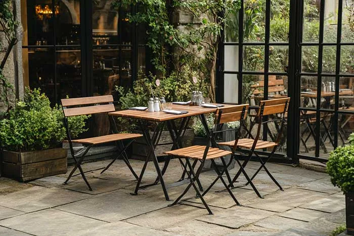 Small garden patio with square dining tables and folding chairs beside glazed doors