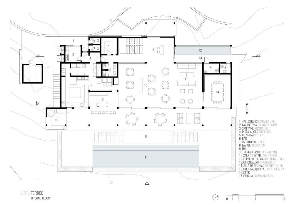 Published ground-floor plan showing interior rooms, restaurant seating, deck and swimming pool areas